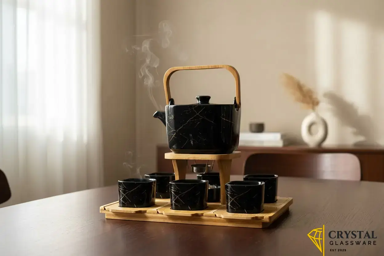 Ceramic teapot set features a black marble pattern with gold detailing, mounted on a wooden stand